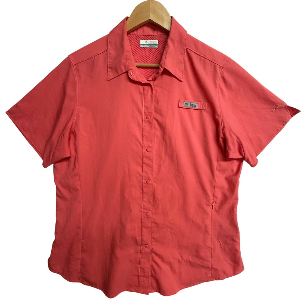 Columbia PFG Tamiami II Fishing Shirt Womens Large Coral Pink Short Sleeve UPF40